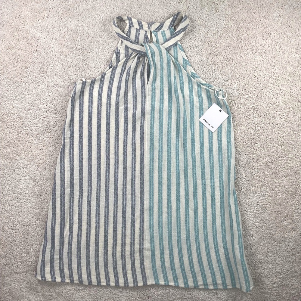 ONeill Blake Striped Halter Tank Top Blue Teal White Twist Front XS NEW